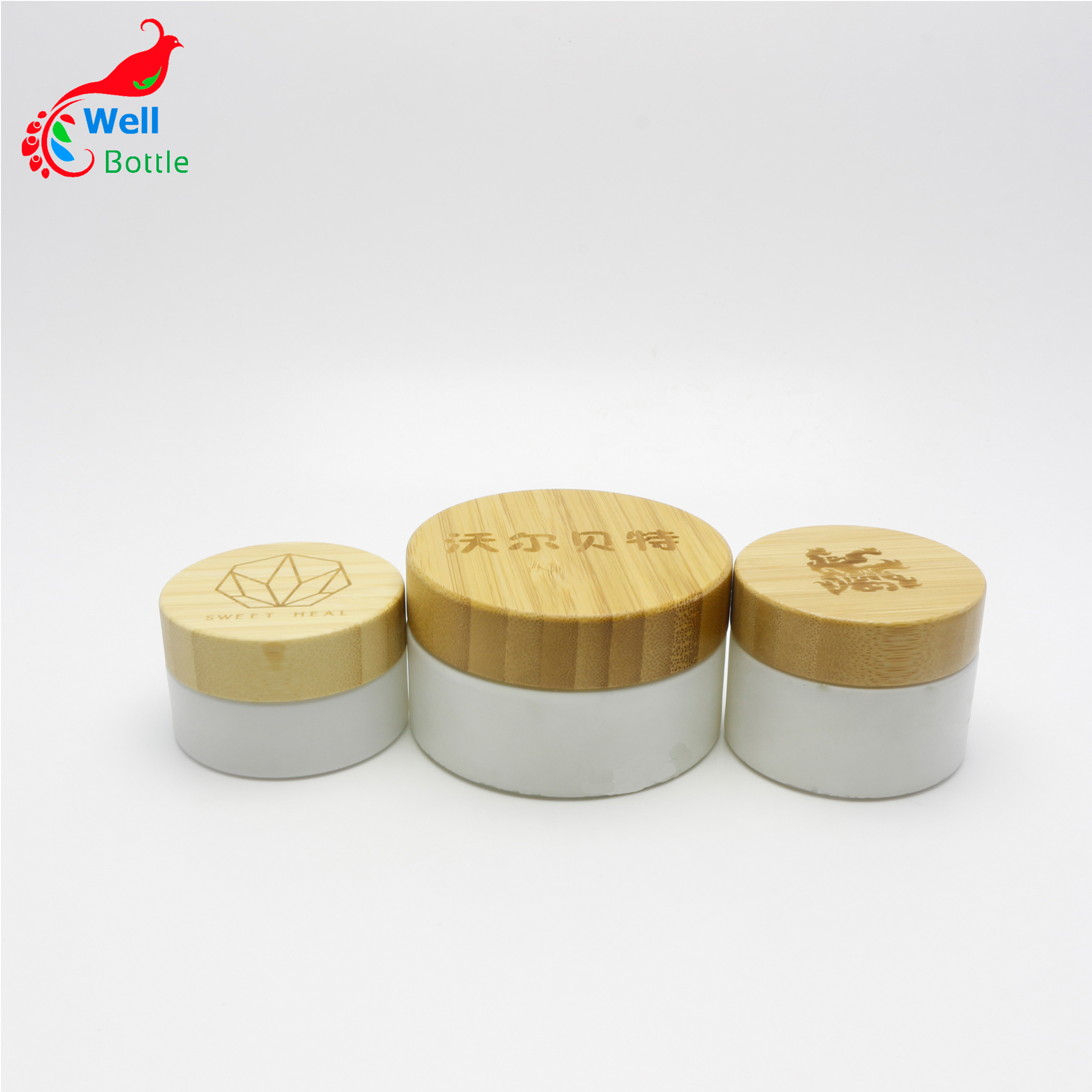empty cream jar 100g cosmetic container frosted white glass jar with real bamboo lid  J163E