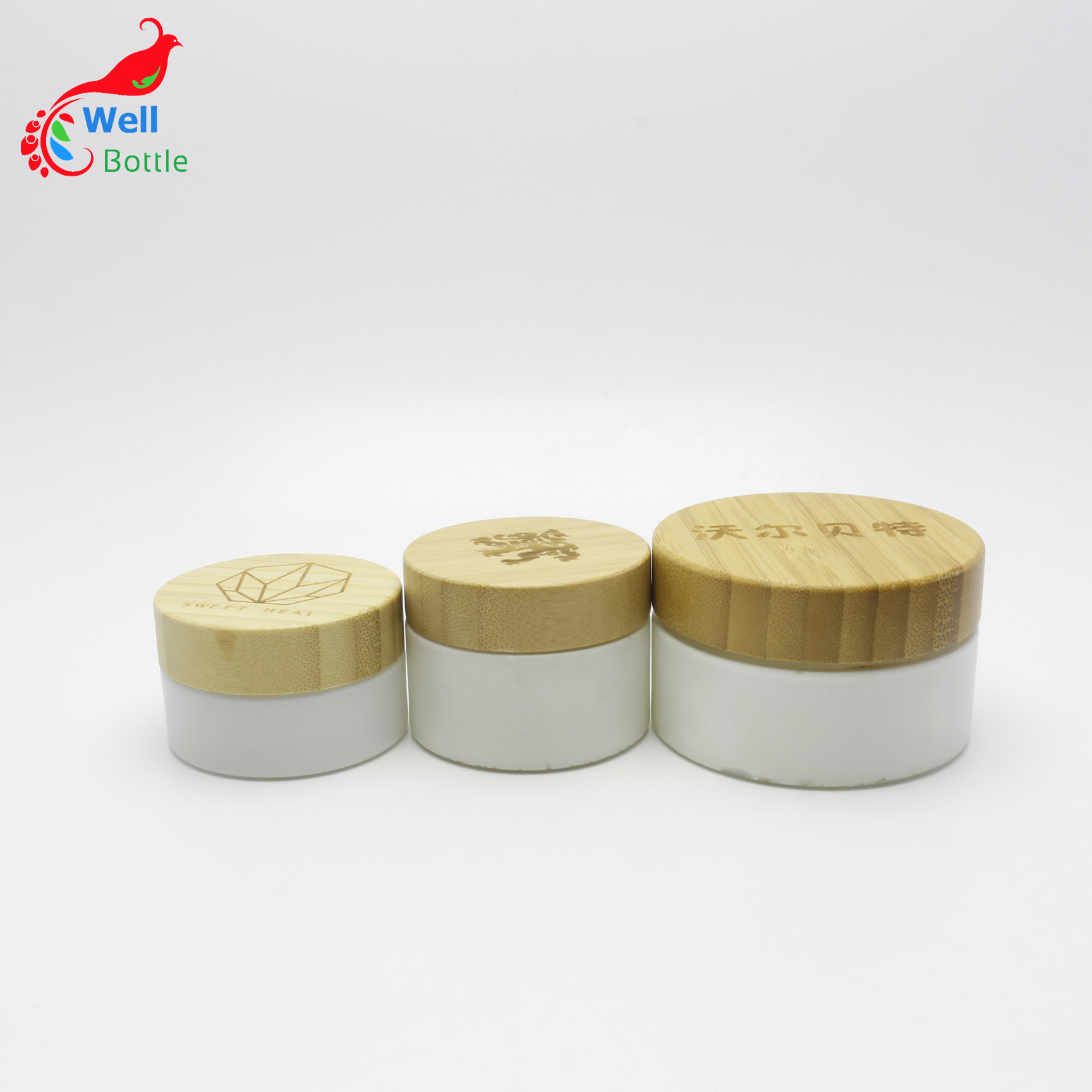 empty cream jar 100g cosmetic container frosted white glass jar with real bamboo lid J163E