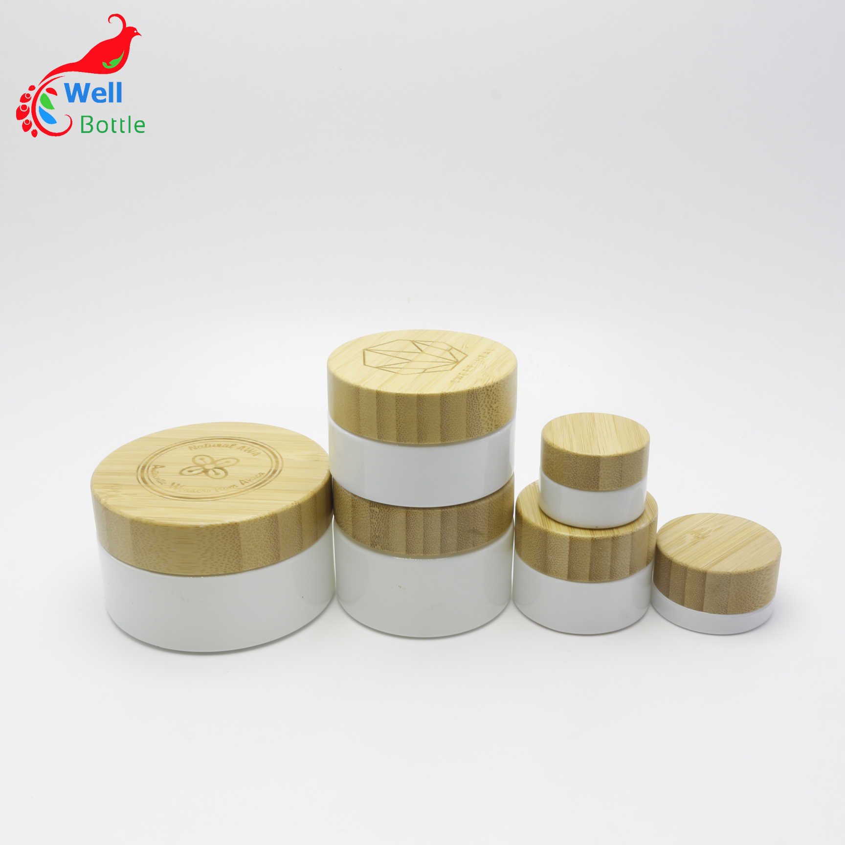 empty cream jar 100g cosmetic container frosted white glass jar with real bamboo lid J163E