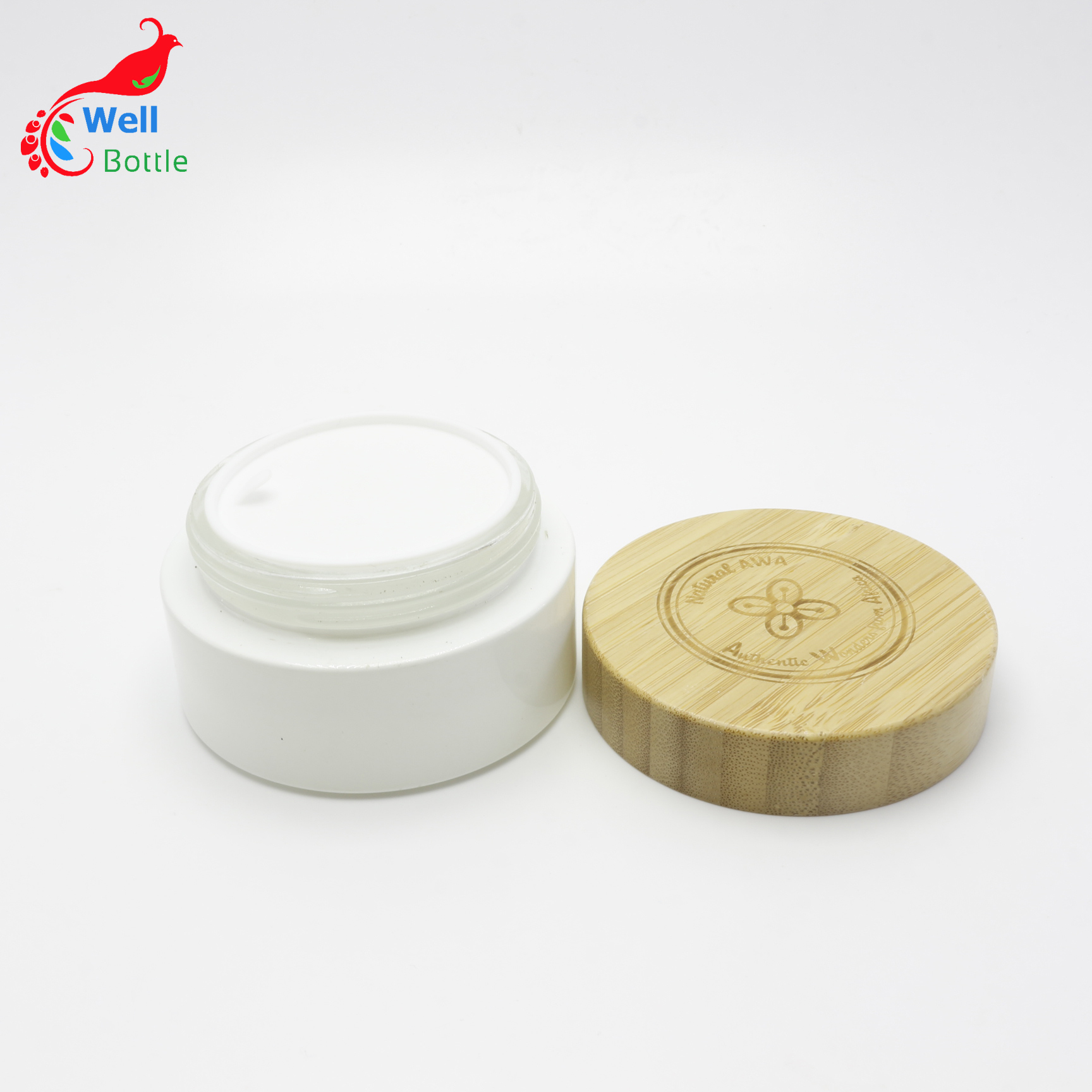 empty cream jar 100g cosmetic container frosted white glass jar with real bamboo lid J163E