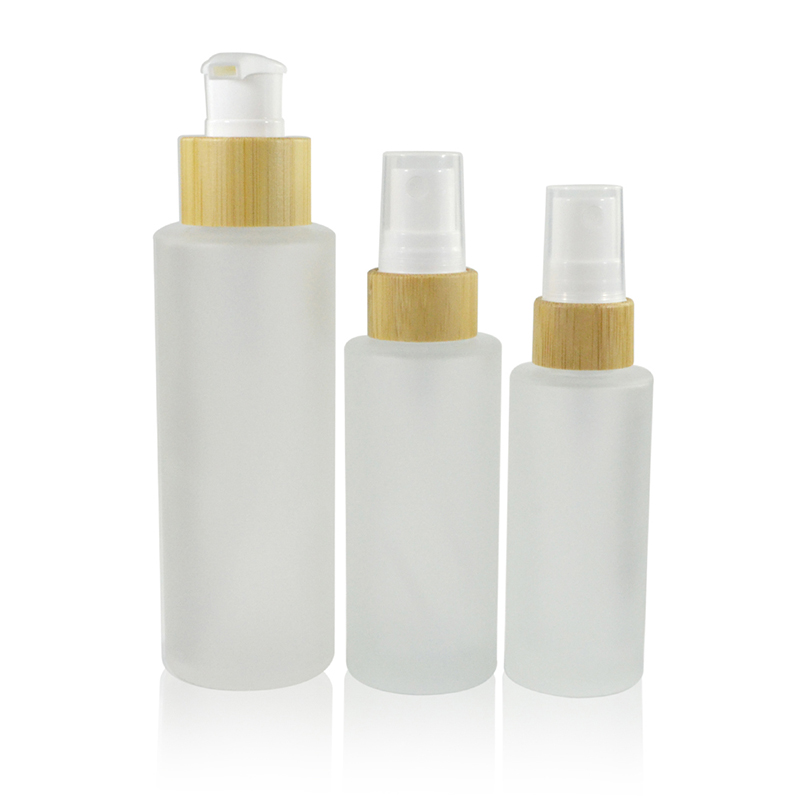 empty cream spray bottle 30ml 50ml 100ml 120ml 150ml frosted glass bottle with bamboo pump lid