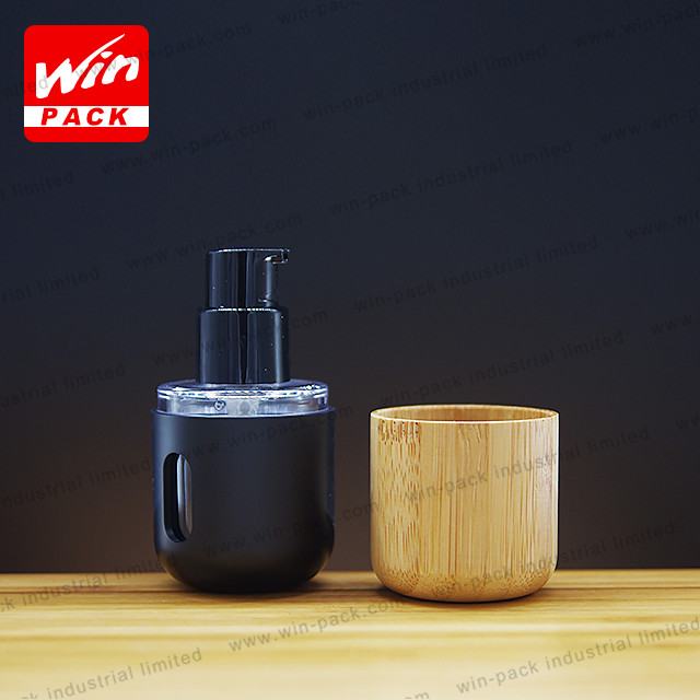 empty custom cosmetic lotion pump bottle with bamboo lid and outer cover packaging
