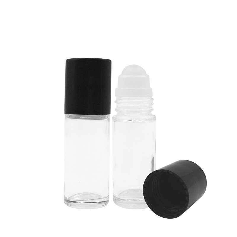 empty eco friendly 15ml 30ml 50ml round clear glass roll on cosmetic deodorant bottle container packaging black cap