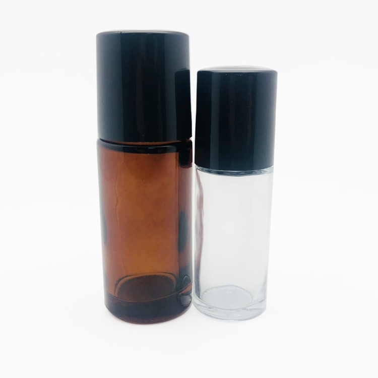 empty eco friendly 15ml 30ml 50ml round clear glass roll on cosmetic deodorant bottle container packaging black cap