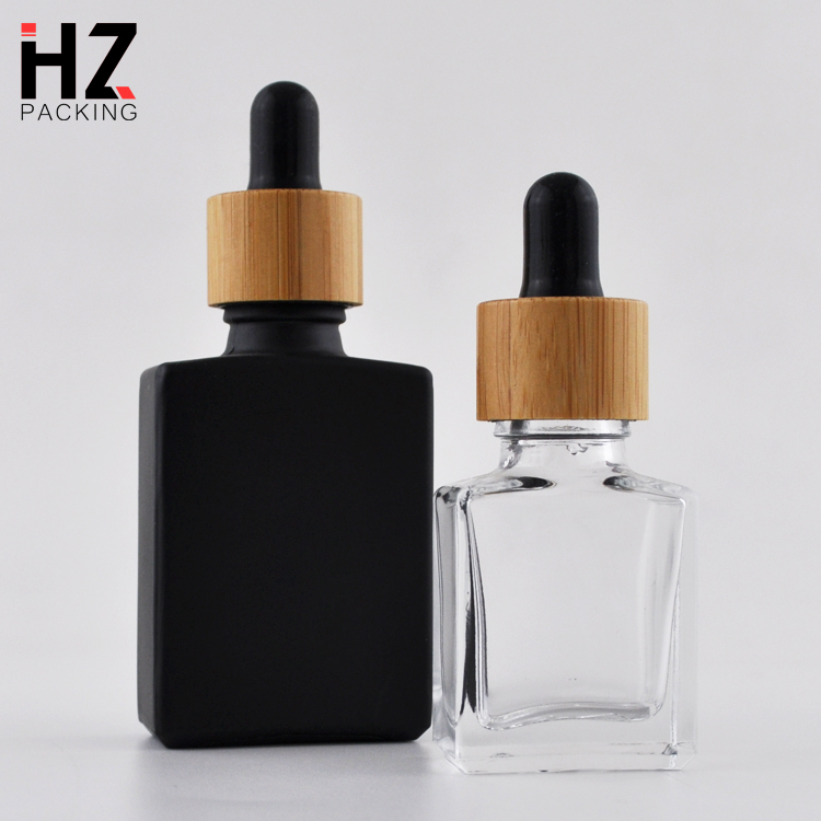 empty essential oil perfume square clear white pipette glass dropper bottle 30ml black with bamboo top