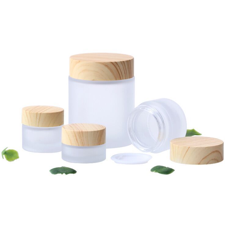 empty face cream container bamboo packaging 50ml 50g bamboo glass cosmetic jar frosted glass jar with bamboo lid