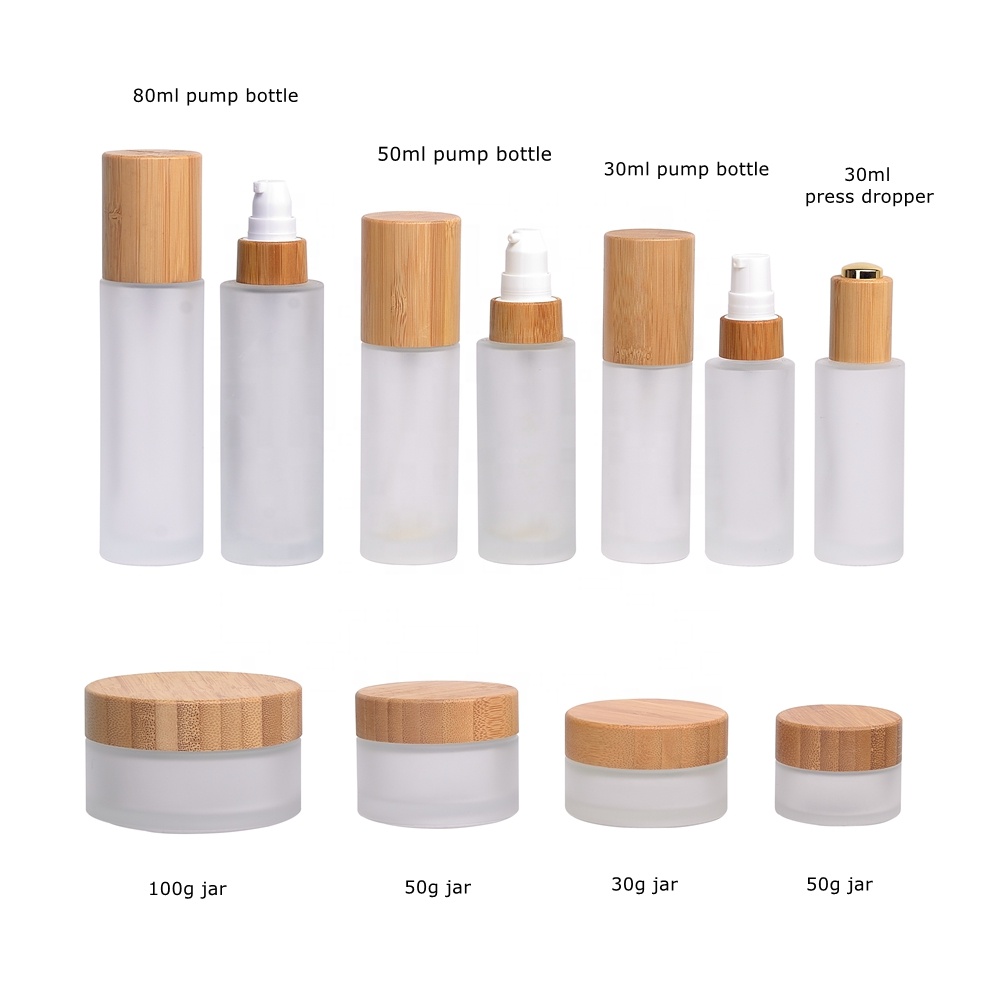 empty face cream container bamboo packaging 50ml 50g bamboo glass cosmetic jar frosted glass jar with bamboo lid