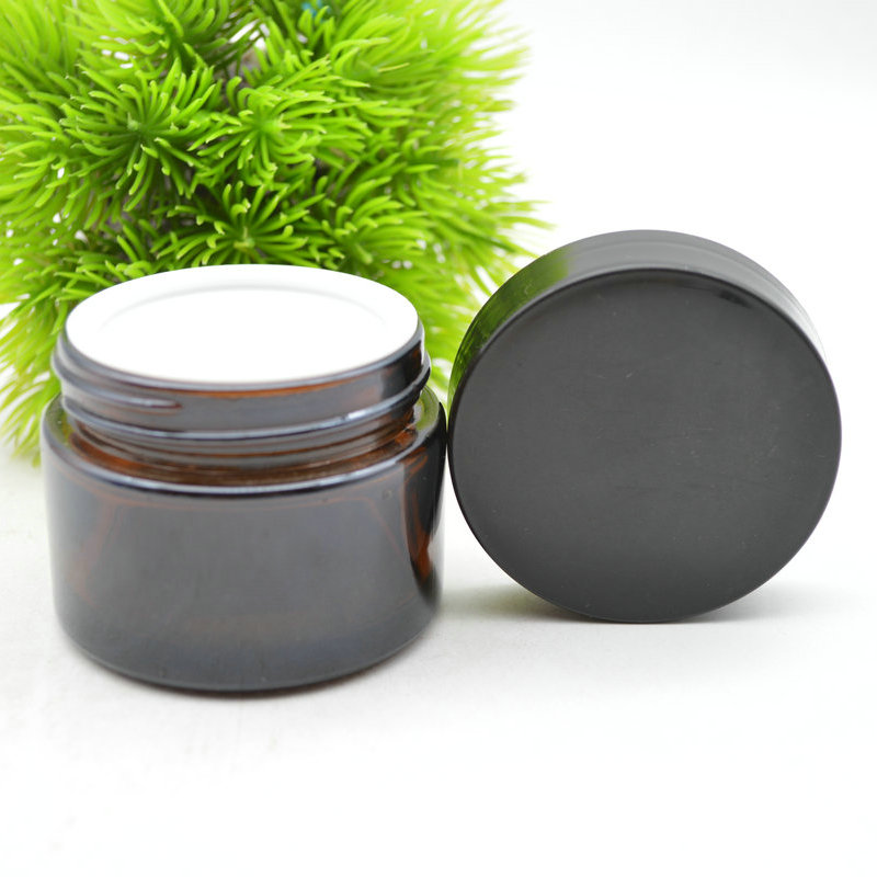 empty food grade cosmetic body scrub container 50ml amber glass jar with  black lids