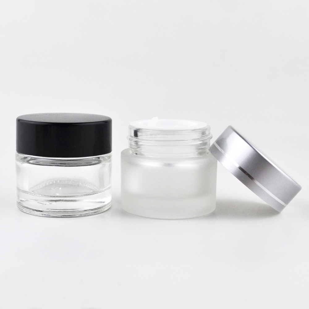 empty frosted clear 15ml 30ml 50ml glass cosmetic cream jars with black lid