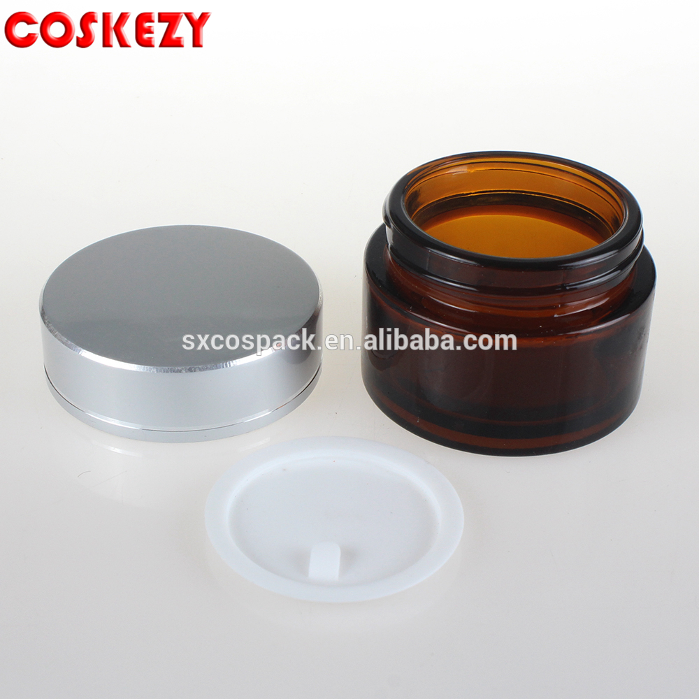 empty glass jar cosmetic packaging 20g amber cream jar with silver cover