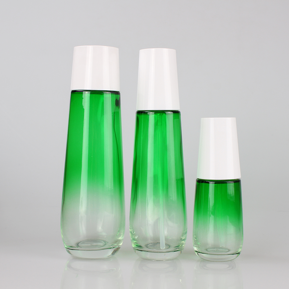 empty green glass cosmetic set of 45ml 110ml 160mll Lotion Pump bottle packaging and 50g cream jar with white cap