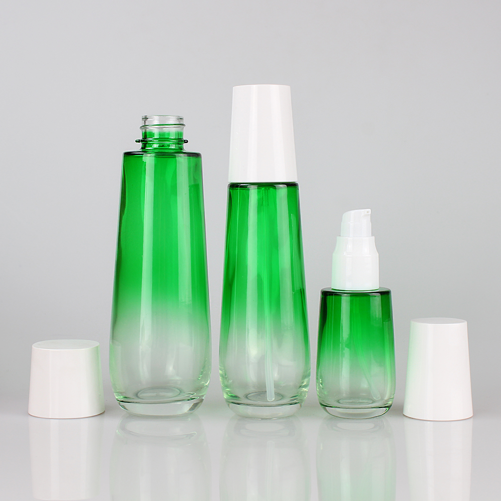 empty green glass cosmetic set of 45ml 110ml 160mll Lotion Pump bottle packaging and 50g cream jar with white cap