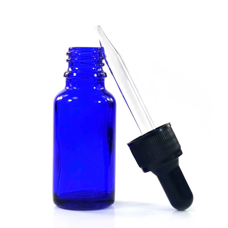 empty massage oil 10ml 15ml 50ml blue glass dropper bottles with plastic screw hollow cap
