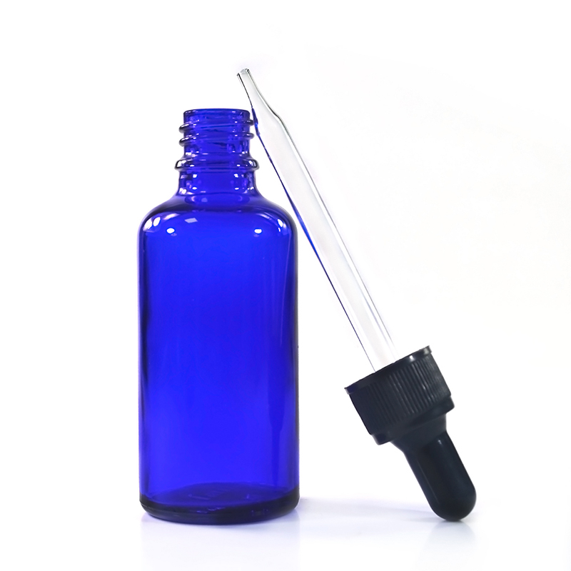 empty massage oil 10ml 15ml 50ml blue glass dropper bottles with plastic screw hollow cap
