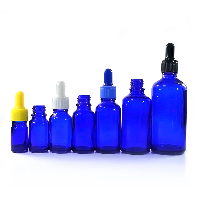 empty massage oil 10ml 15ml 50ml blue glass dropper bottles with plastic screw hollow cap