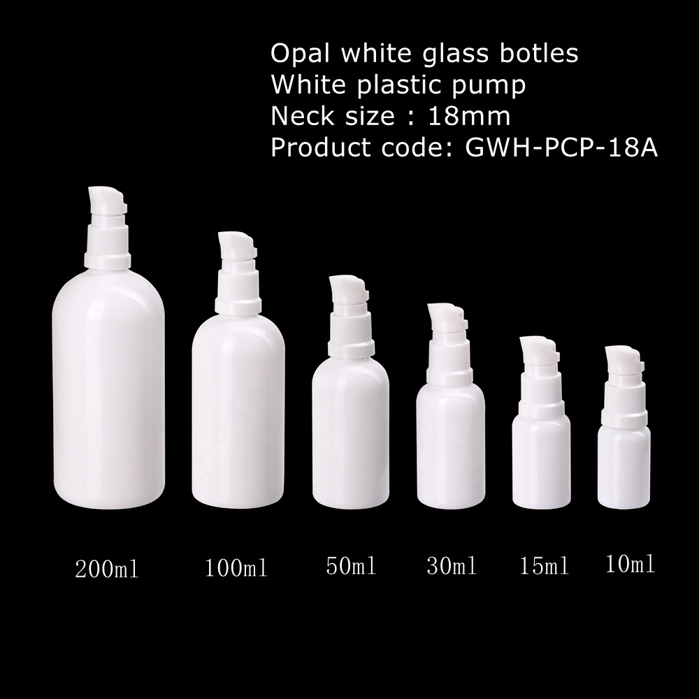 empty opal white glass bottles10ml 15ml 30ml 50ml 100 ml with white plastic serum pump bottles opal glass bottle