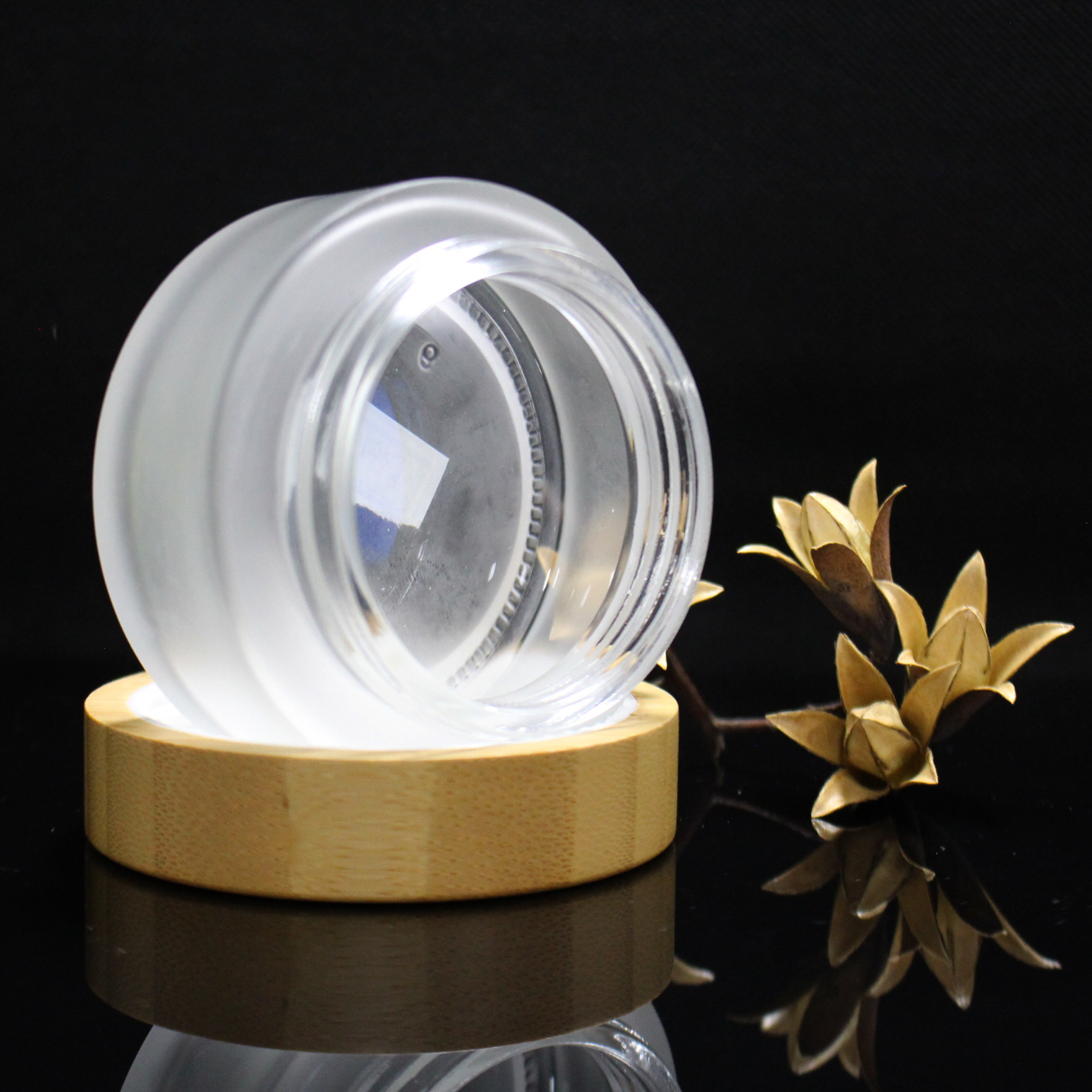 empty sets clear frosted glass cream jars with bamboo wooden lid glass bottle for cosmetic packaging