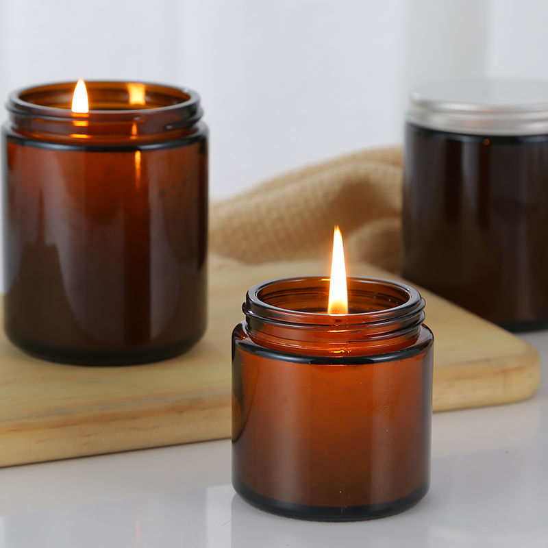 empty wide mouth cylinder amber glass candle jars with metal lid