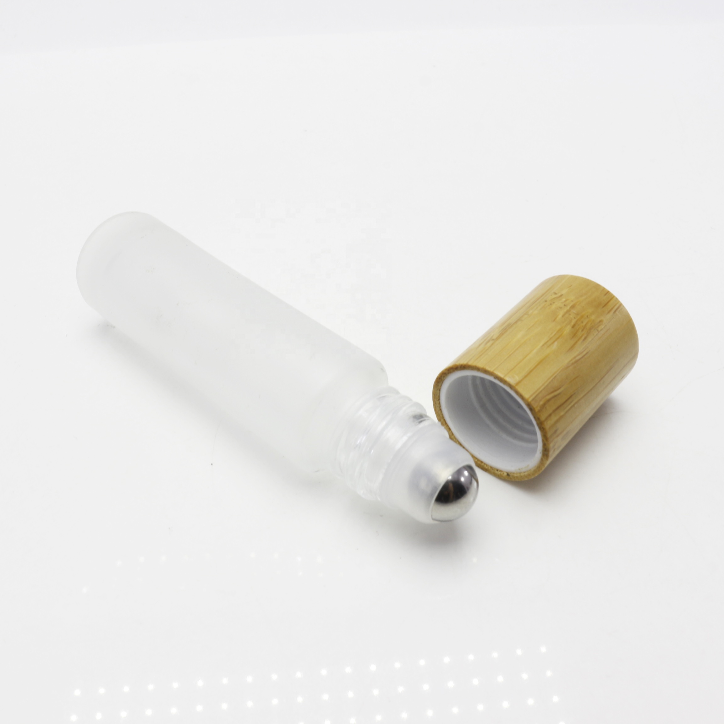 engrave LOGO glass ball bottles 10ml frosted white roll on bottle bamboo cap RO086E