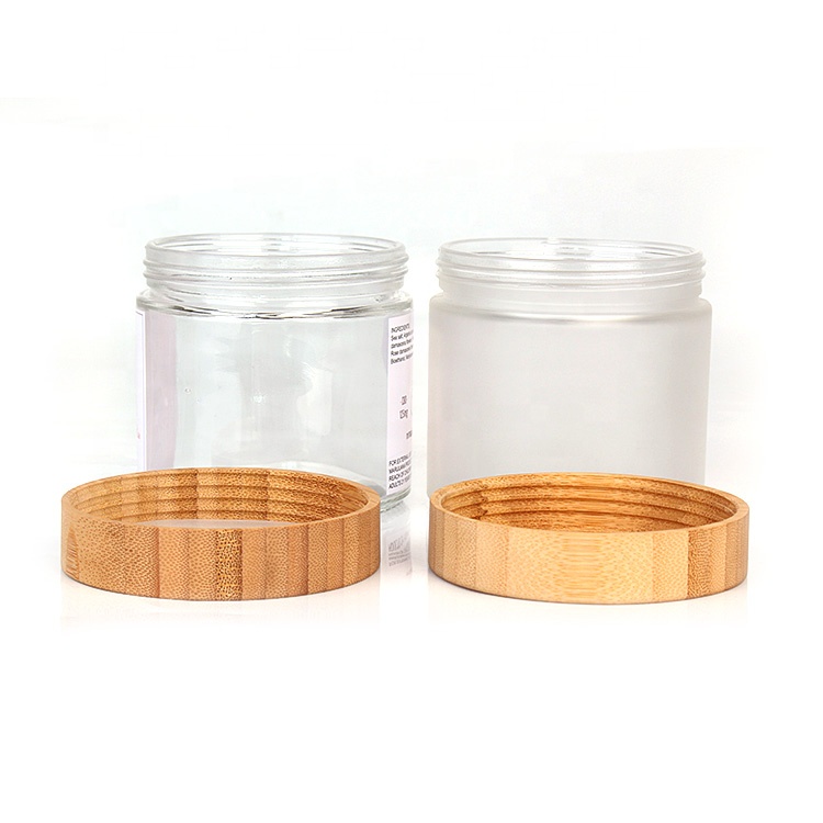 environmentally package 400ml clear frosted glass cosmetic jars with screw bamboo lid