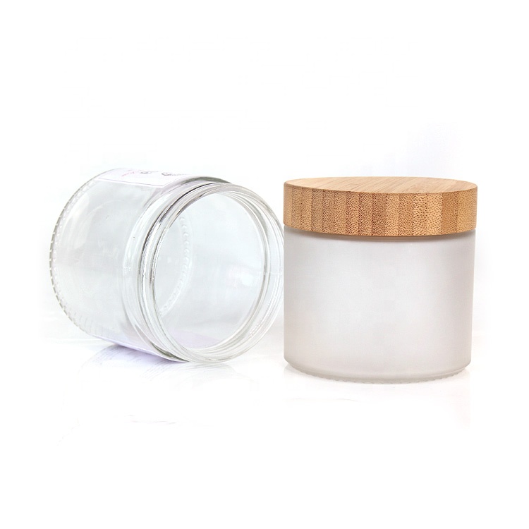 environmentally package 400ml clear frosted glass cosmetic jars with screw bamboo lid