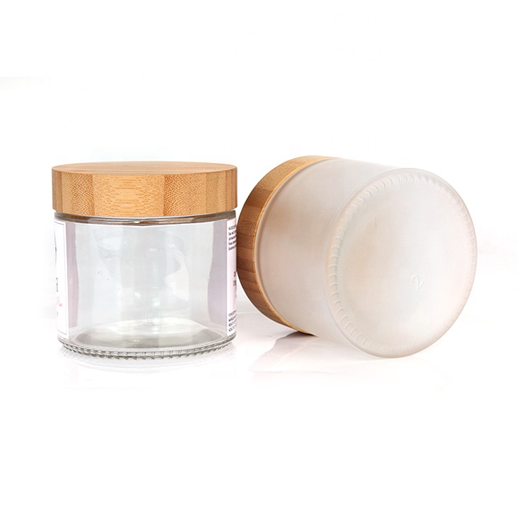 environmentally package 400ml clear frosted glass cosmetic jars with screw bamboo lid