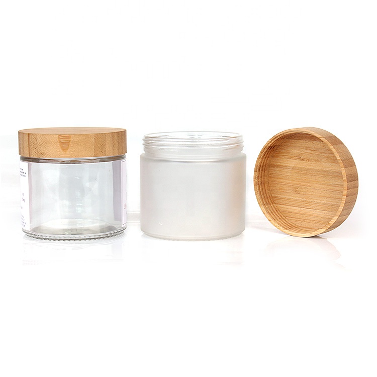 environmentally package 400ml clear frosted glass cosmetic jars with screw bamboo lid