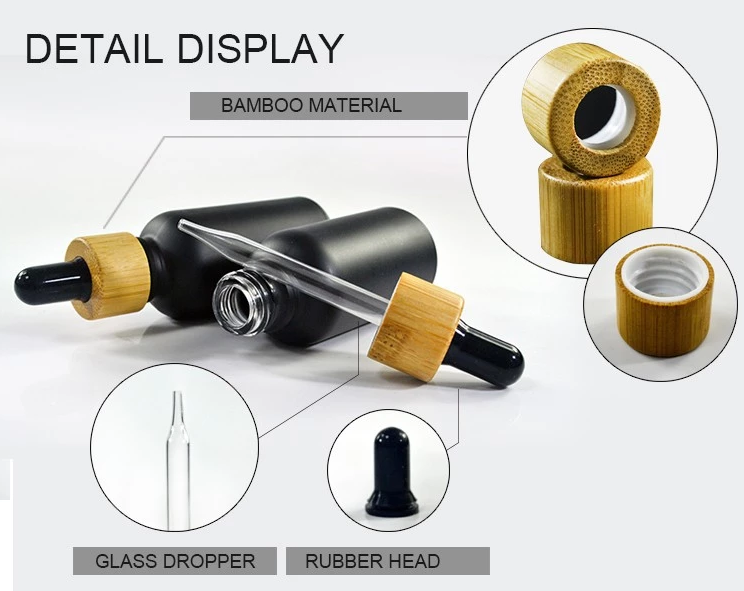 essential oil Bamboo cap bottle matte black frosted glass bamboo dropper bottle 5ml 10ml 15ml 20ml 30ml 50ml 60ml 100ml