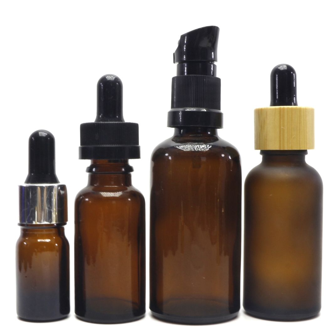 essential oil amber glass lotion pump bottle with childproof dropper cap silver cap GB-270B