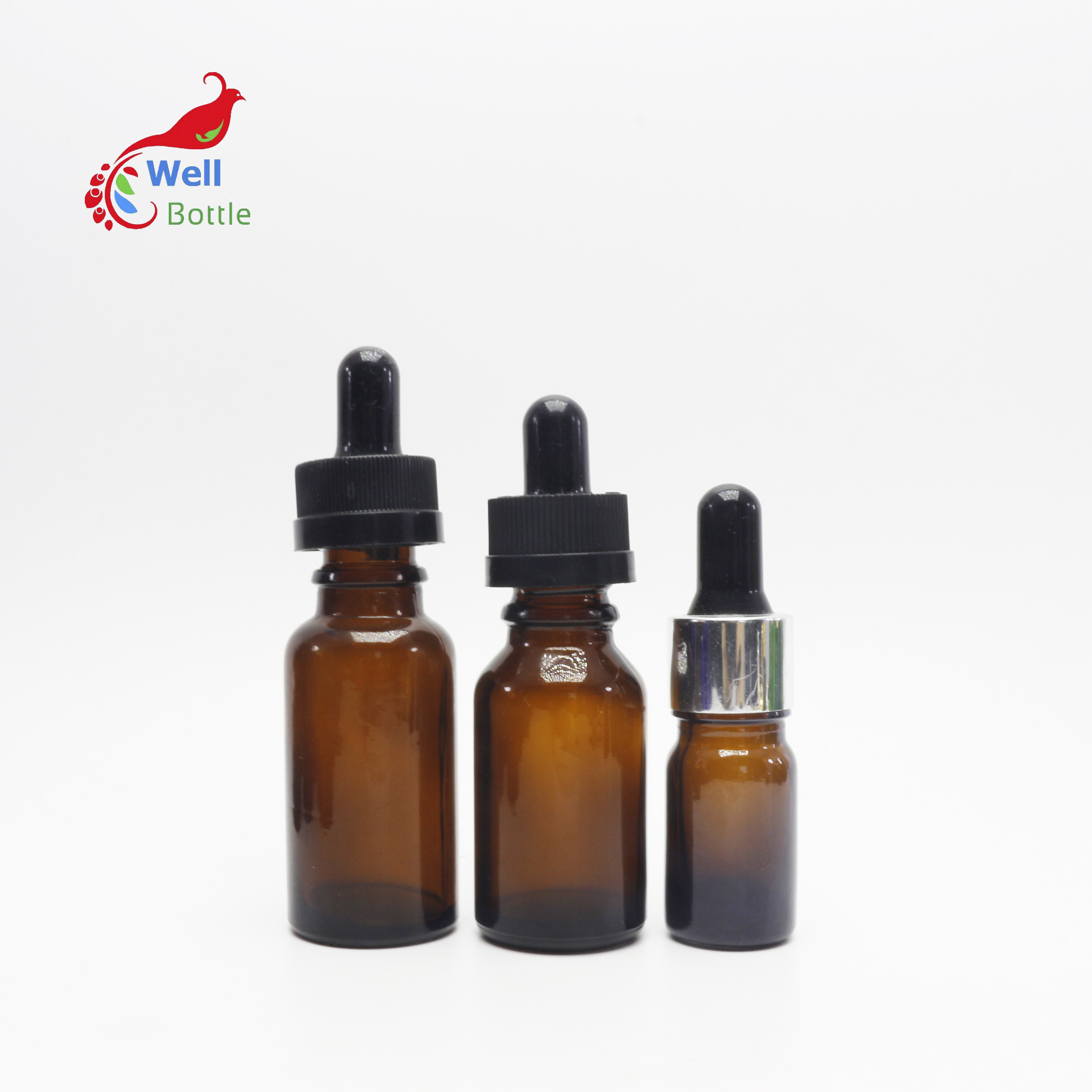 essential oil amber glass lotion pump bottle with childproof dropper cap silver cap GB-270B