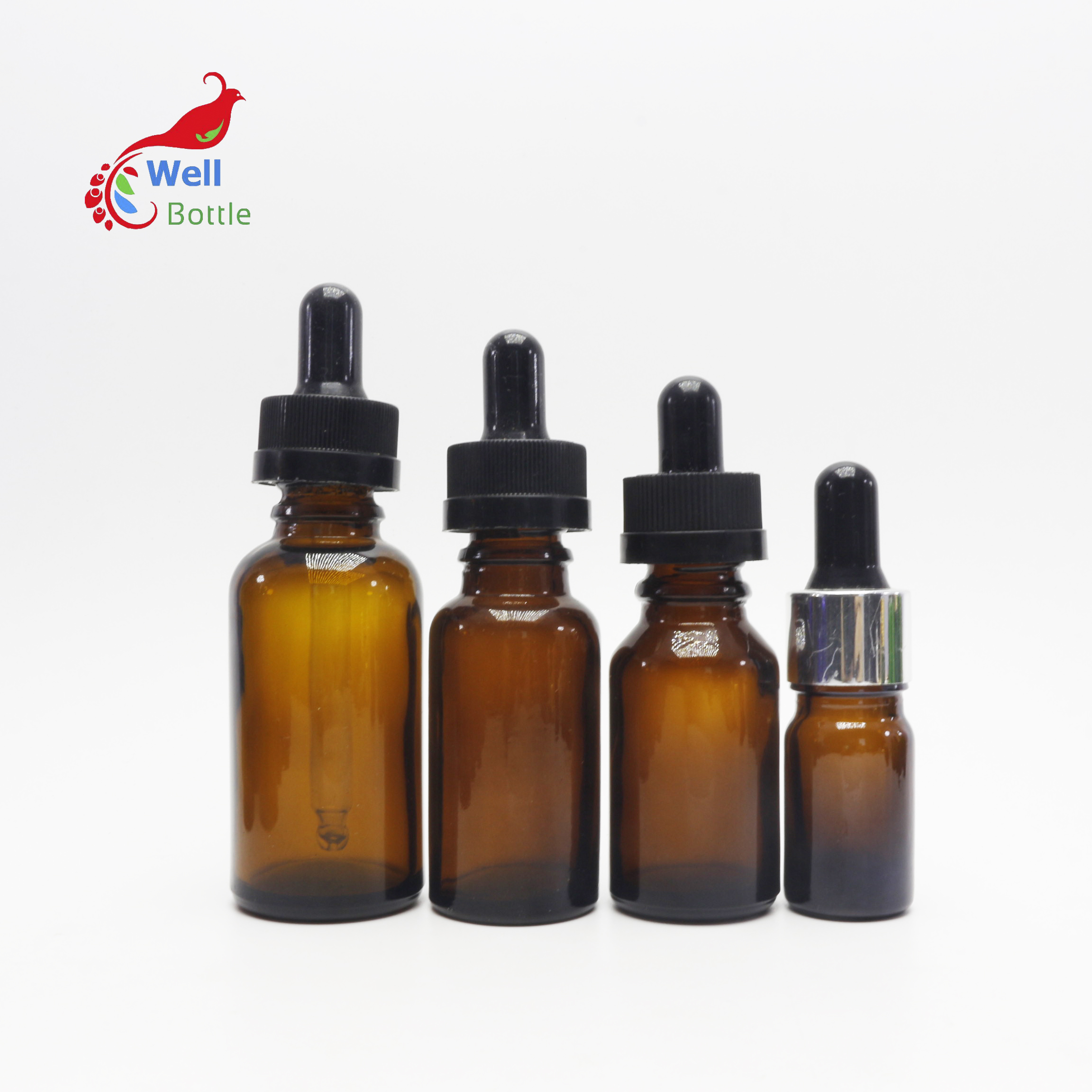 essential oil amber glass lotion pump bottle with childproof dropper cap silver cap GB-270B