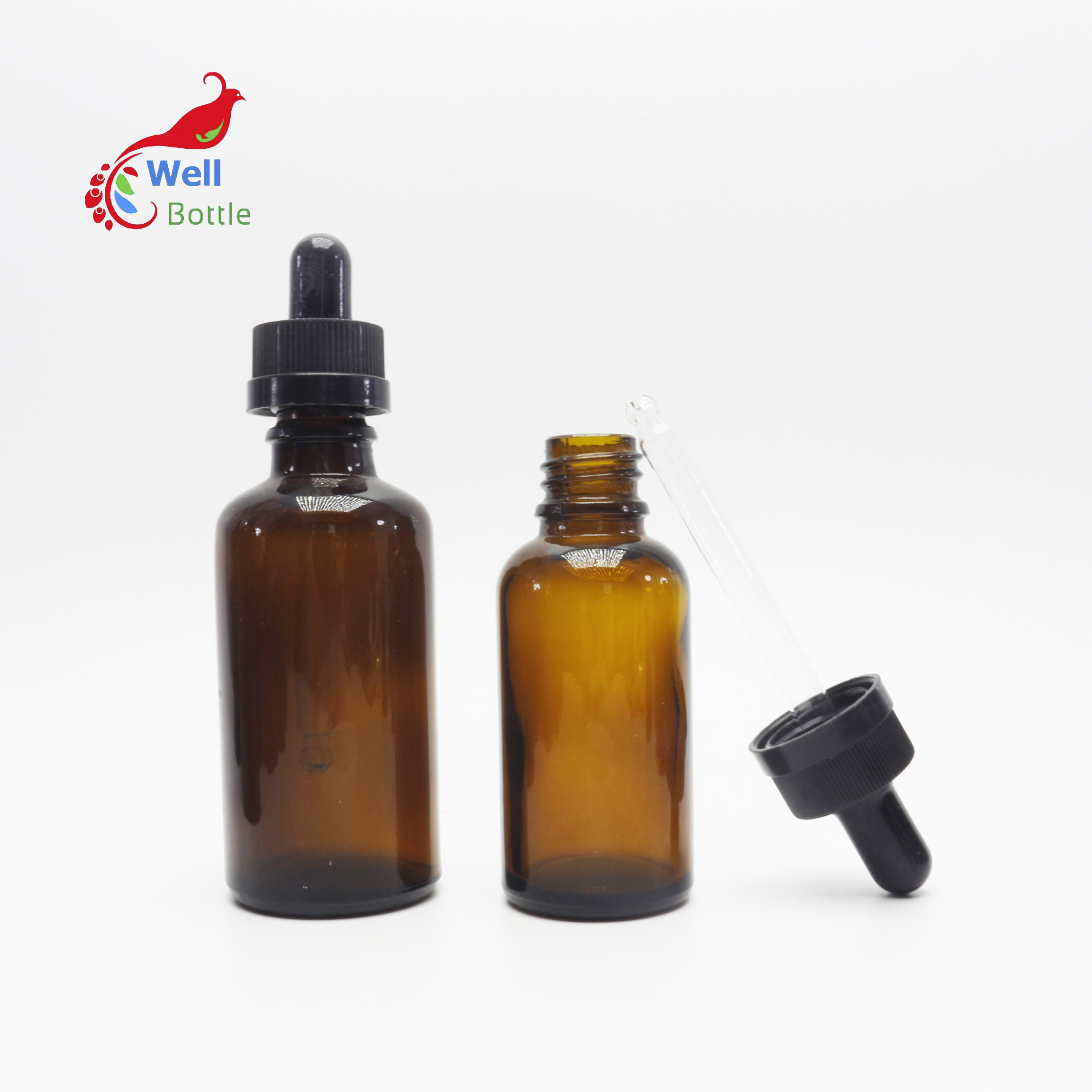 essential oil amber glass lotion pump bottle with childproof dropper cap silver cap GB-270B