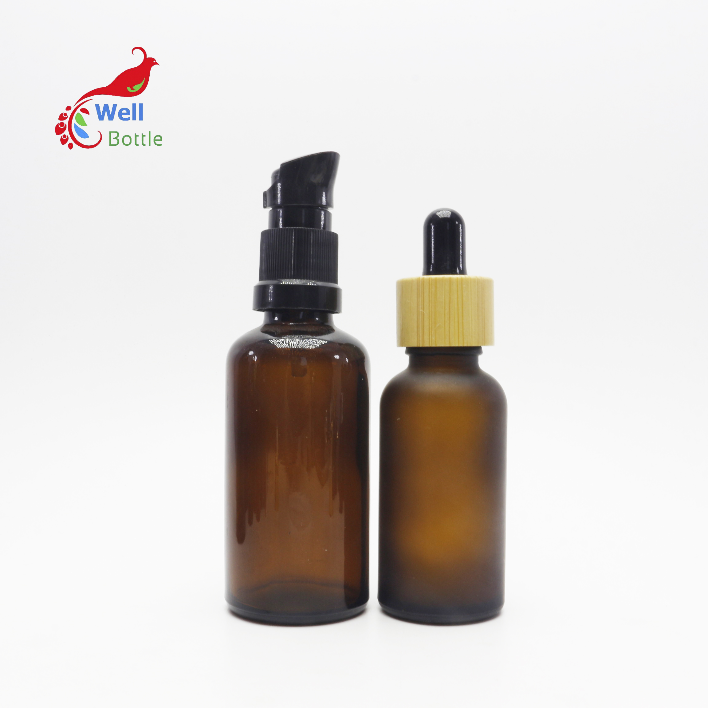 essential oil amber glass lotion pump bottle with childproof dropper cap silver cap GB-270B