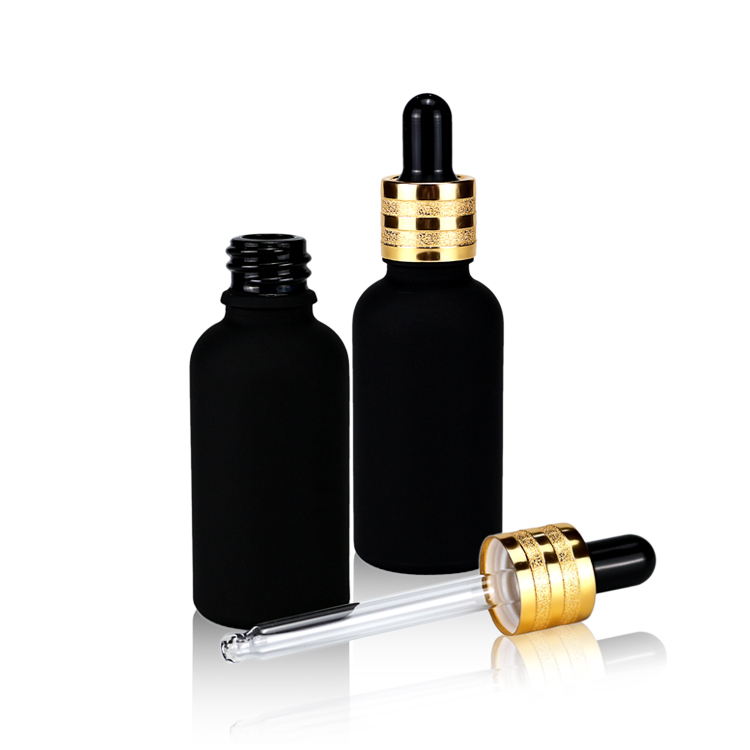 essential oil bottle black dropper bottle with gold cap for skincare packaging