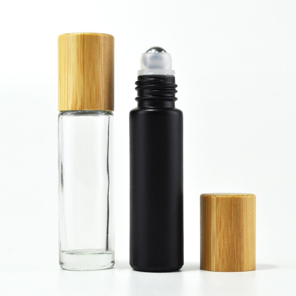 essential oil clear amber black glass 10ml 5ml roll on bottle with bamboo cap stainless steel ball