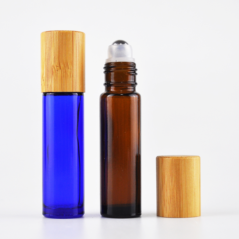 essential oil clear amber black glass 10ml 5ml roll on bottle with bamboo cap stainless steel ball
