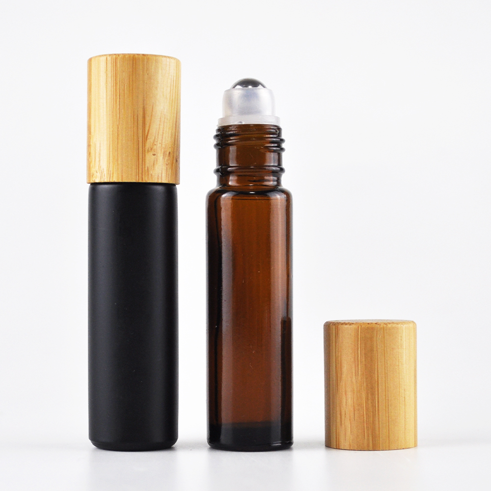 essential oil clear amber black glass 10ml 5ml roll on bottle with bamboo cap stainless steel ball