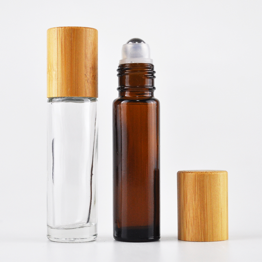 essential oil clear amber black glass 10ml 5ml roll on bottle with bamboo cap stainless steel ball