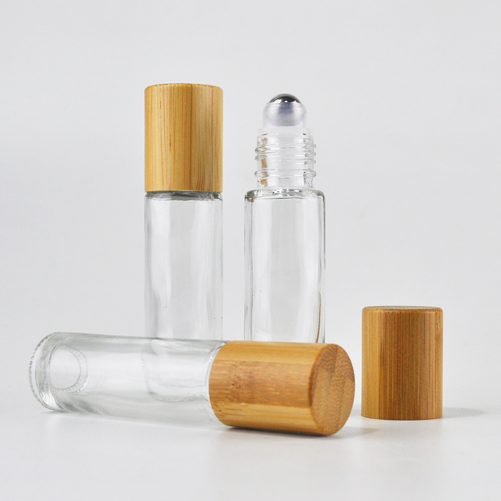 essential oil clear amber black glass 10ml 5ml roll on bottle with bamboo cap stainless steel ball