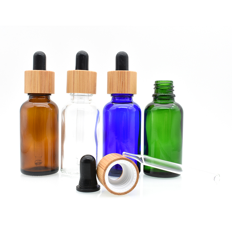 essential oil packing blue clear amber 5ml 10ml 15ml 20ml 50ml 100ml 30 ml glass dropper bamboo cap bottle wih glass pipette