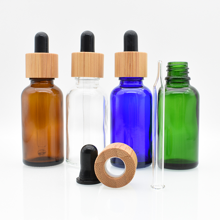essential oil packing blue clear amber 5ml 10ml 15ml 20ml 50ml 100ml 30 ml glass dropper bamboo cap bottle wih glass pipette