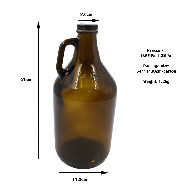 etched color round amber 64oz glass beer growler