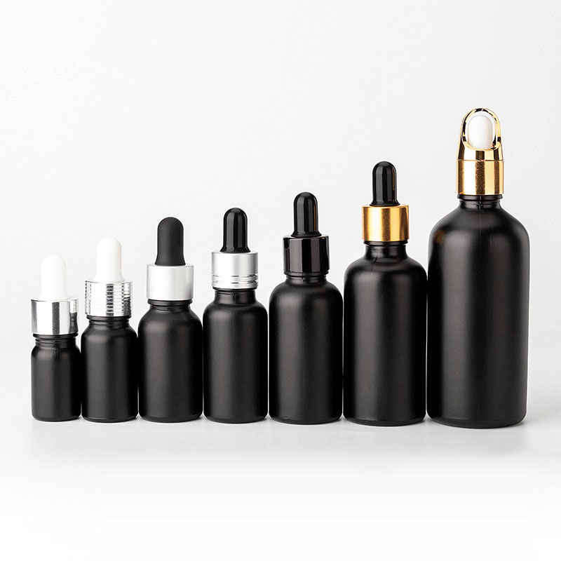 factory custom 3ml 5ml 10ml 15ml 20ml 30ml 50ml 100ml matte black dropper glass glass essential oil bottle with gold caps