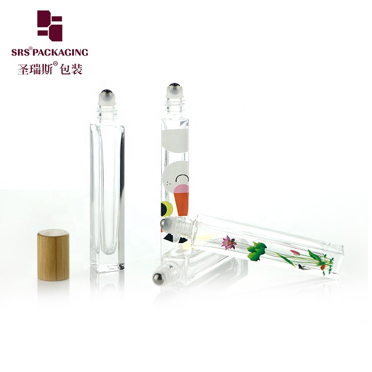 factory sale essential oil perfume 10ml clear transparent square shape roll on glass roller bottle with bamboo lid