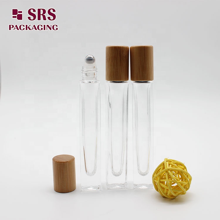 factory sale essential oil perfume 10ml clear transparent square shape roll on glass roller bottle with bamboo lid