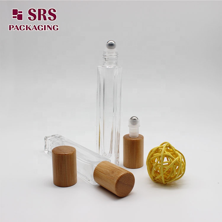 factory sale essential oil perfume 10ml clear transparent square shape roll on glass roller bottle with bamboo lid