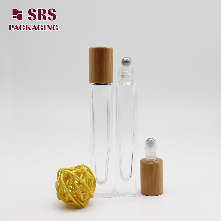 factory sale essential oil perfume 10ml clear transparent square shape roll on glass roller bottle with bamboo lid