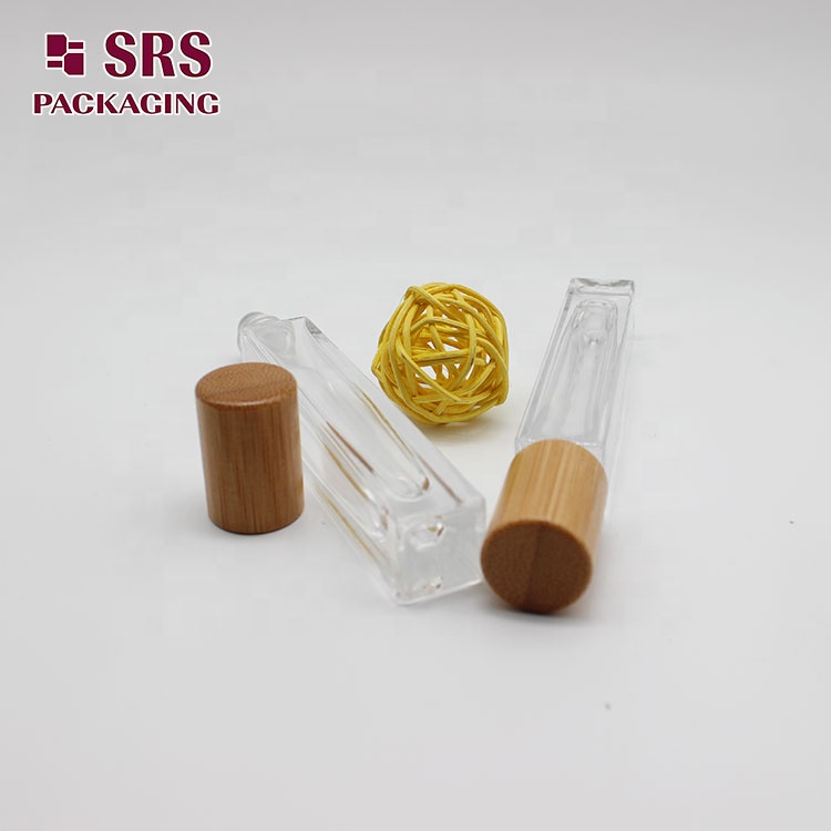 factory sale essential oil perfume 10ml clear transparent square shape roll on glass roller bottle with bamboo lid