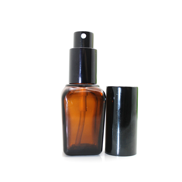 factory supplier amber brown color glass essential oil bottles square perfume bottles with black spray lid