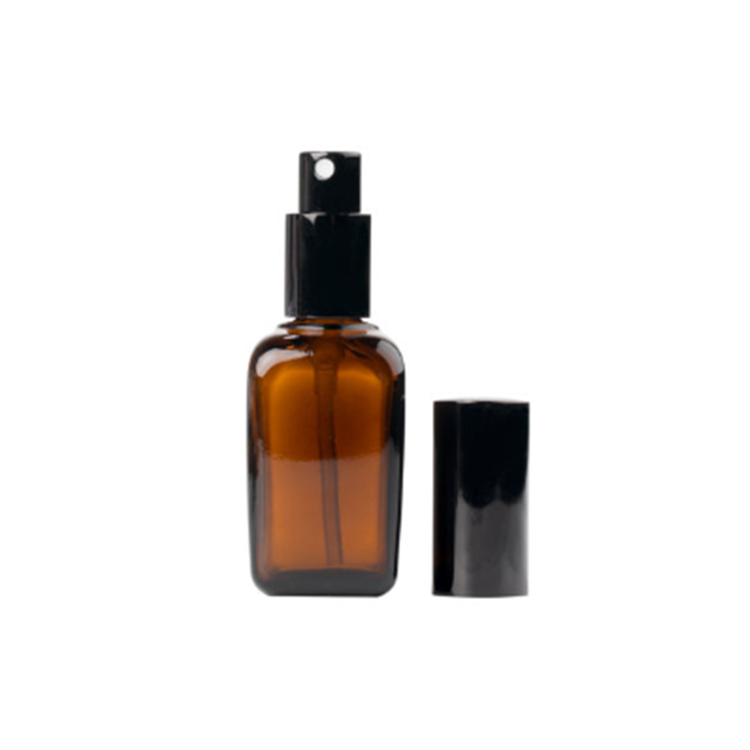 factory supplier amber brown color glass essential oil bottles square perfume bottles with black spray lid